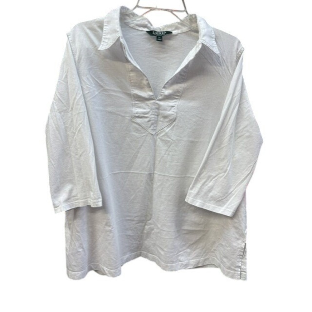 Y2K Ralph Lauren Womens‎ 2X White Cotton 3/4 Sleeve Split Neck Tunic Top